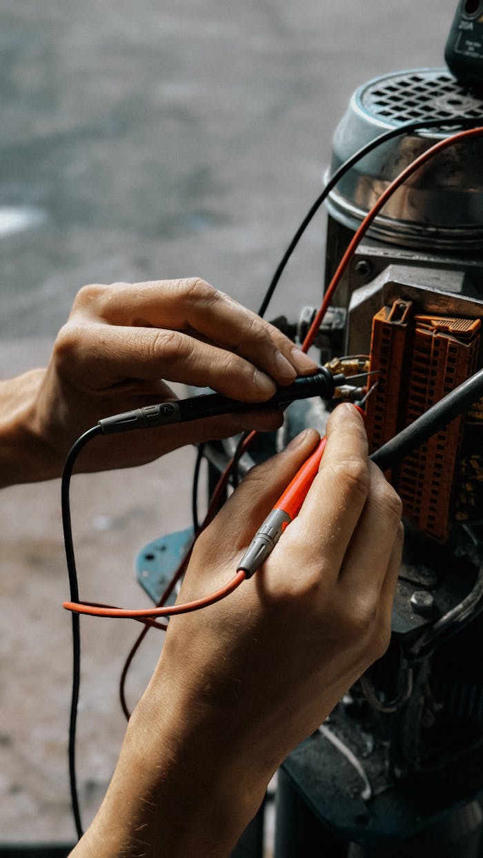 about-us Close-up of hands using multimeter on motor wires. Precision in electrical testing.